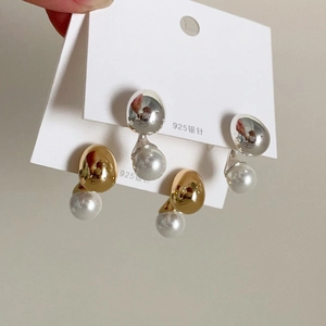 Elegant gold and silver ball pearl drop earrings with 925 sterling silver needles