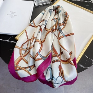Women Satin Feeling Square Scarf French Elegant Chain Belt Equestrian Harness Print Satin Neck Scarf Fashion Accessory