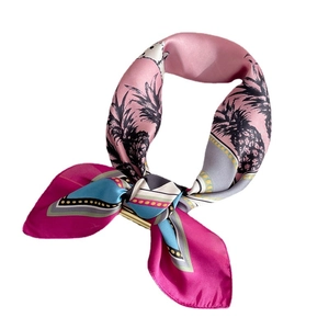 Silk square scarf with colorful palm tree prints and a golden cylinder buckle