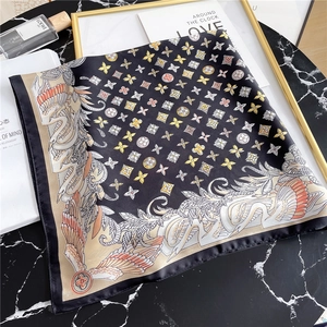 Elegant 70cm black silk square scarf with vintage floral prints and geometric patterns