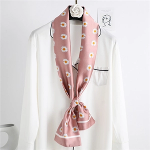 Long Skinny Scarf Double Layer Imitation Satin Necktie Daisy Floral Print Fashion Ribbon For Women Hair Bag Wrap