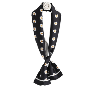 Black silk-like daisy skinny scarf with camellia flower clip and white edge trim