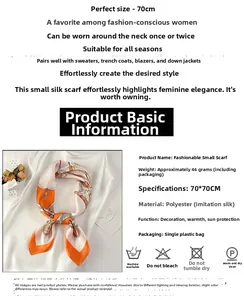 Detail view of 70x70cm orange silk scarf with horse rope pattern and product parameters