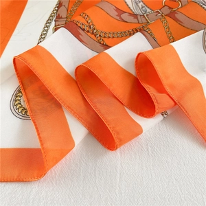 Silk feel square scarf with equestrian chain print in bright orange and white tones