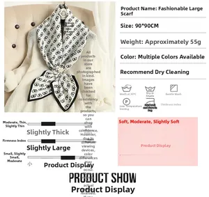 Detail specifications of 90x90cm silk-like scarf with black and white geometric pattern