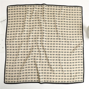 Elegant 90cm square silk scarf with black butterfly pattern and beige background