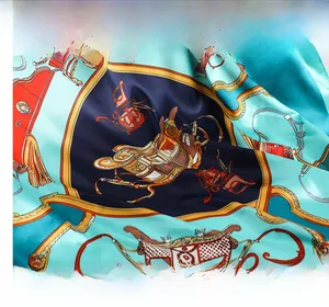 Detail of satin square scarf featuring vintage equestrian prints and carriage patterns