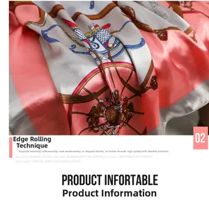 Detail of hand-rolled edges on a silk-satin scarf with vintage horse carriage patterns