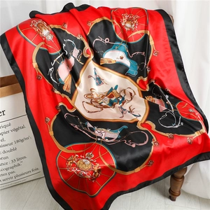 Close-up of vintage carriage print on large silk-like square scarf with elegant borders
