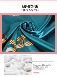 Vue détaillée d'un foulard en soie bleu paon avec des motifs dorés élégants