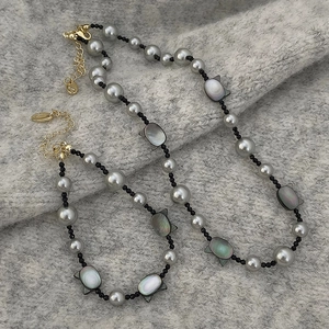 Grey Imitation Artificial Pearl Necklace And Bracelet Cat Shell Pendant Black Faceted Beads Elegant Jewelry For Women