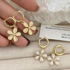Flower Drop Hoop Earrings Brass Gold Plated Cat's Eye Stone Enamel Floral Aesthetic French Style Jewelry For Women