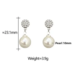 Detail showing 23.1mm pearl drop earrings with 10mm pavé zircon stud and dimensions