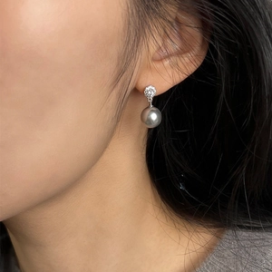 Elegant drop earrings featuring micro-paved crystals and a grey 10mm round pearl pendant