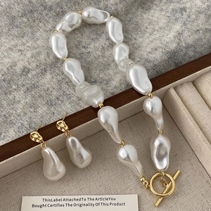 Baroque irregular pearl necklace and earrings set with golden OT buckle in gift box