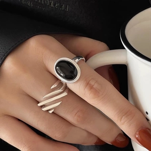 Retro Black Stone Open Ring Copper Geometric Layered Adjustable Finger Jewelry Vintage Punk Fashion For Women Men