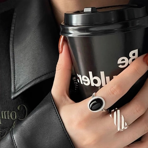 Cool silver open ring set with black onyx and hollow stripes for a hip-hop fashion style