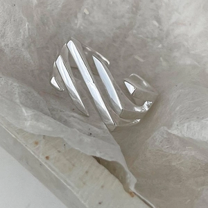 Detailed view of multilayer geometric hollow design in polished silver metal ring