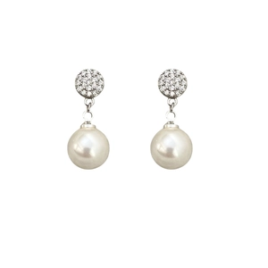 Elegant pearl drop earrings featuring micro-paved cubic zirconia studs on a white background