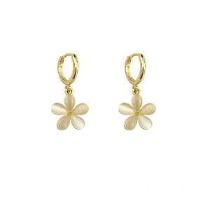 Elegant cat eye stone flower drop earrings with golden metal petals and warm beige tones
