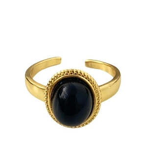 Retro adjustable gold ring with oval black stone and vintage beaded texture on white background