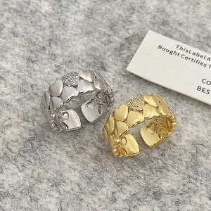 Minimalist double row heart zircon open rings in gold and silver finish set on knit
