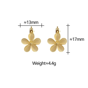 Detail view of 13mm by 17mm gold flower earrings with cat eye effect petals