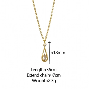 Macro detail of teardrop zircon necklace pendant with 18mm height and 36cm chain length