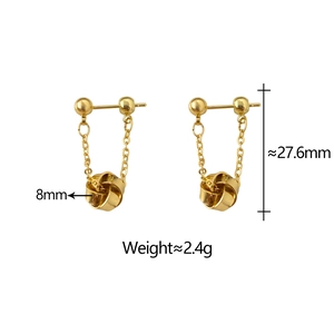 Detailed view of gold spiral geometric pendant earrings with chain tassels and measurements