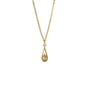Elegant gold pear cut zircon teardrop pendant necklace with beaded border on white background