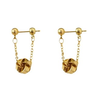 French design gold tassel earrings with intricate woven knot pendants on white background