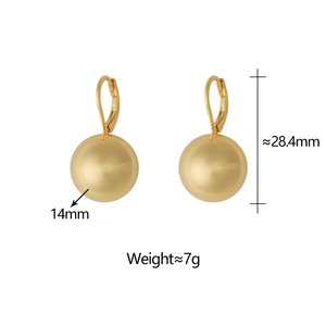 Close-up of 14mm gold sphere leverback earrings showing polished finish and dimensions