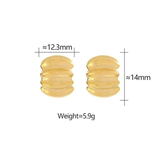 Detailed specs of gold ribbed hoop earrings featuring dimensions of 12.3mm by 14mm