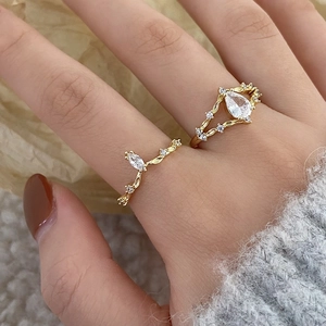 Elegant Adjustable Double Layer Open Ring Copper Gold Plated Zircon Heart Crown V Shape Design Retro Jewelry For Women