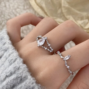 Exquisite silver floral fairy open ring set with pear-shaped gems on hand
