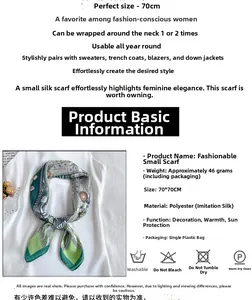 Detail of 70x70cm green and white floral silk feel scarf with technical specifications