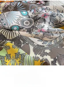 Macro detail of vintage floral print silk scarf featuring intricate botanical patterns