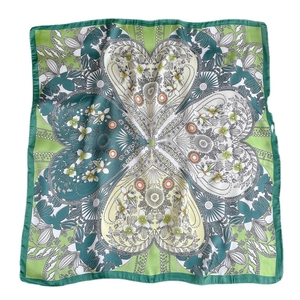 Elegant green square silk scarf with floral heart prints and decorative vine patterns