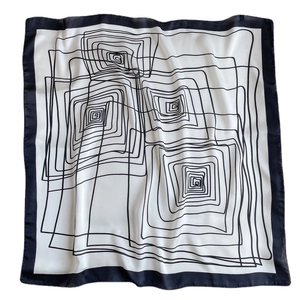 Minimalist square silk scarf featuring black abstract spiral geometric lines on white