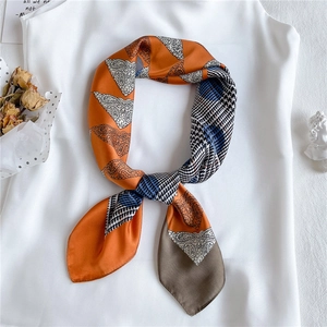 70cm faux silk square scarf with vintage paisley and houndstooth pattern in orange and blue