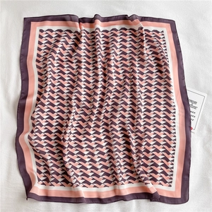 Modern geometric silk-like square scarf with purple and pink chevron pattern for women