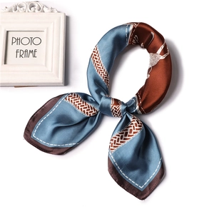 Blue and brown equestrian silk square scarf with woven pattern and contrast stitching
