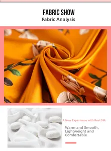 Détail du tissu en imitation soie avec imprimé magnolia blanc sur fond orange