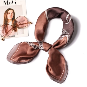 Elegant 70cm silk square scarf with vintage horse print and stylish glossy brown finish