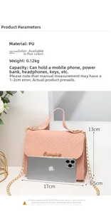 Pink PU crossbody bag with embossed texture and gold chain strap showing size parameters