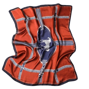 Red and navy silk square scarf featuring equestrian horse motifs and 1928 horse pattern