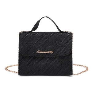 Chic black woven square handbag with gold chain strap and elegant metallic logo