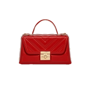 Elegant red faux leather handbag featuring a V-quilted pattern and golden metal buckle