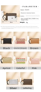 Detailed size comparison and colorful textured patterns for minimalist women's clutch bags