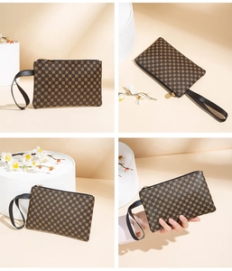 Detail shots of brown textured wristlet clutch bag with golden circular pattern and strap